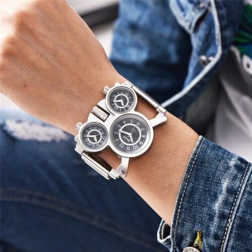 Oulm 1167 Three Time Zone Quartz Watches Men Mesh Steel Leather Band Sport Wristwatch Man Luxury Brand Male Clock relogio