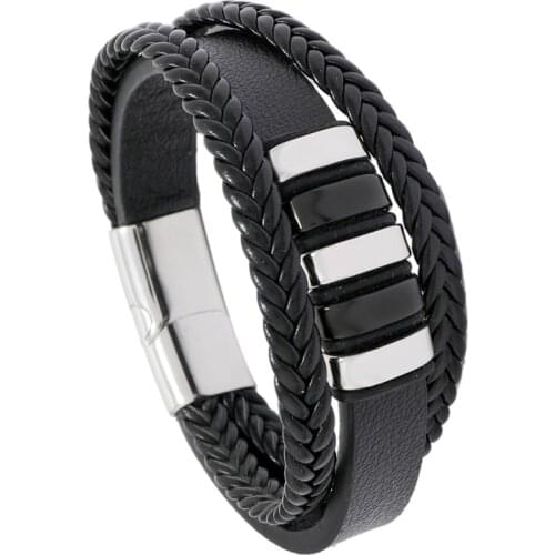 Men Magnetic Clasp Bangle Classic Multi-layer Luxury Style Stainless Steel Mens PU Leather Punk Bracelet Hand-woven