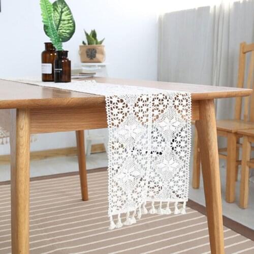 Retro Cotton Lace Table Runner Beige Floral Table Cloth with Tassel Hollow Out Table Flag for Wedding Home Decoration