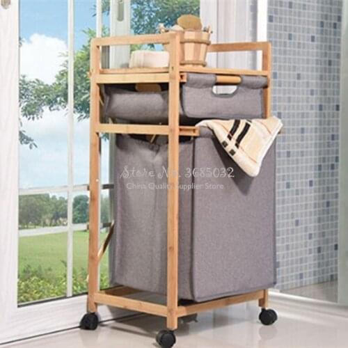 Wooden frame Baboom Floor Stand Bathroom Finishing Rack Dirty Clothes Storage Basket Laundry Basket with Wheels Storage Rack