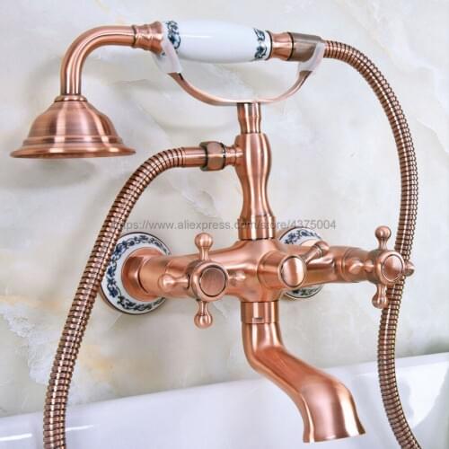 Wall mounted Dual Cross Handles Antique Red Copper Bathroom Tub Faucet with Hand Held Shower Sprayer Nna337