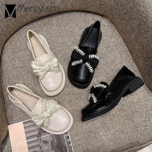 Luxury string pearl beading leather flat shoes woman silk bow-knot brogues sweet girls oxford derby shoes lolita bow creepers