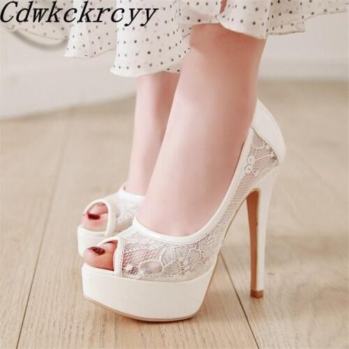 Summer New pattern fashion Super high heel Fish mouth Women sandals white black Thick bottom Lace sexy banquet Women sandals