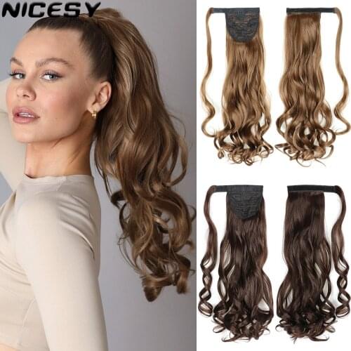 NICESY Long Wavy Wrap Around Clip In Ponytail Hair Extension Heat Resistant Synthetic Ponytail Fake Hair Black Brown Blond Women