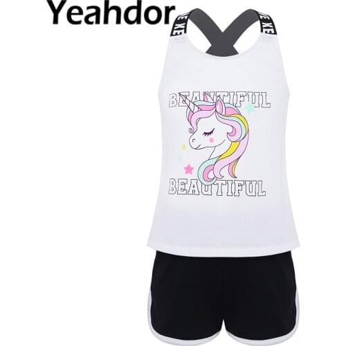 2Pcs Kids Girls Running Sport Suit U Neck Cross Straps Open Back Cartoon Horse Print Vest and Shorts Set Casual Tracksuit Outfit