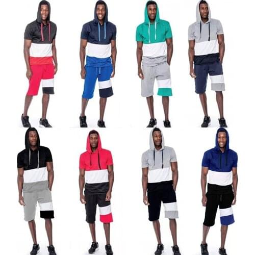 Mens Tracksuit Summer Clothes Sportswear Two Piece Set T Shirt Shorts spell color High street Hooded Short sleeve sets men