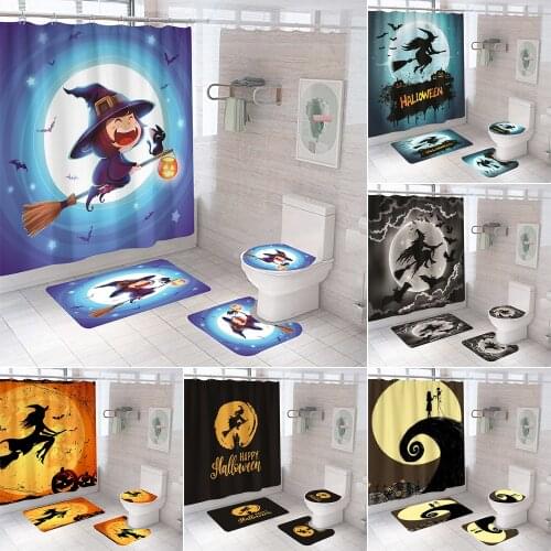 Halloween Bathroom Curtains Pumpkin Witch Fabric Shower Curtain Anti-skid Bath Rugs Carpet Toilet Lid Cover Mat Home Decor