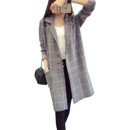 Women Long Knitting Trench New Autumn Winter Slim Plaid Trench Coats Lady Long Sleeve Plus Size Windbreaker Coat Outwear Mw079