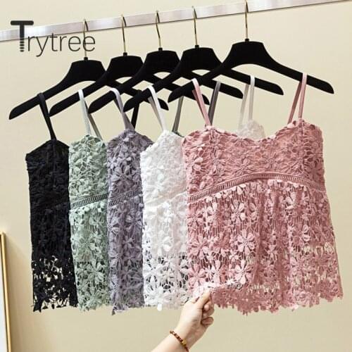 Trytree 2020 Summer Casual Women Sexy sling Tank Hollow Out Lace Solid 6 Color Elegant Temperament Fashion Sling Tank Tops