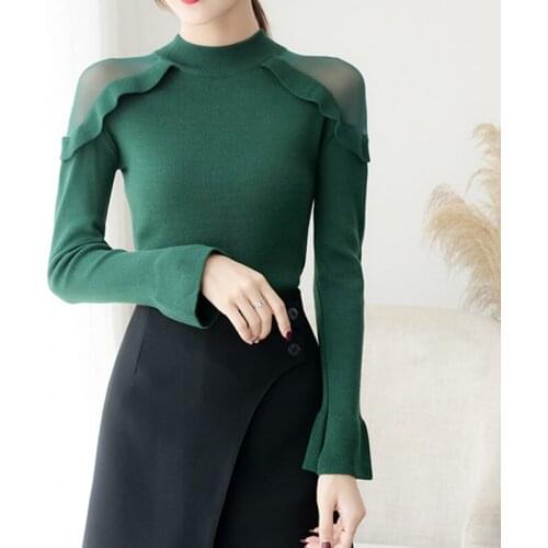 2020 Mesh Ruffles Autumn Winter Women Knitted Turtleneck Sweater Casual Soft Jumper Fashion Slim Femme Elasticity Pullovers