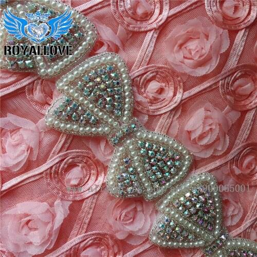 5yards) Wholesale Iron On Sewing Beaded Bow ab Rhinestone Sash Crystal Appliques Trim for Wedding Dress Headpieces Garters