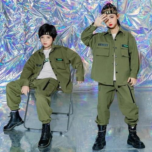Boys Hip Hop Jogger Girls Military Green Jacket Cargo Pants Street Dance Wear Kids Jazz Letters Clothes Sets Streetwear Costumes