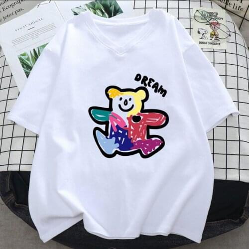 Summer Harajuku T-shirts Kawaii Graffiti Bear Print Women Casual Tee Shirt Short Sleeved Loose Oversized Hip Hop T shirt Tops