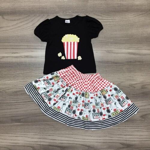 Girlymax Baby Girls Children Clothes Cotton Ruffles Skirt Boutique Short Sleeve Kids Clothing Popcorn Print