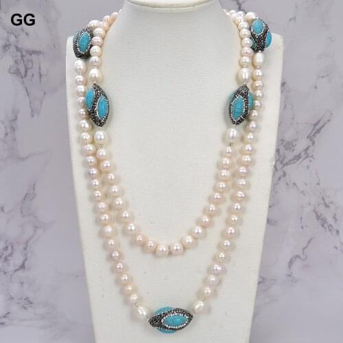GuaiGuai Jewelry 55'' Natural White Pearl Blue Turquoise Black Macarsite Long Necklace