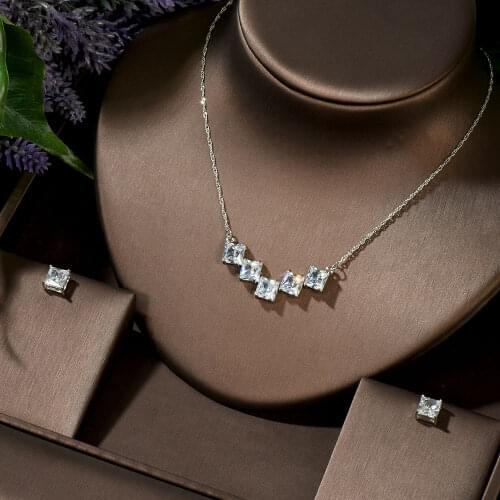 HIBRIDE New Designer Jewelry Square Cubic Zirconia Stone Drop Pendant Necklace Earrings Fashion Ladies CZ Jewelry Sets N-46