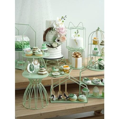 Delicate and textured Forest fresh green cake rack combination comfortable green iron unique wedding dessert table display stand