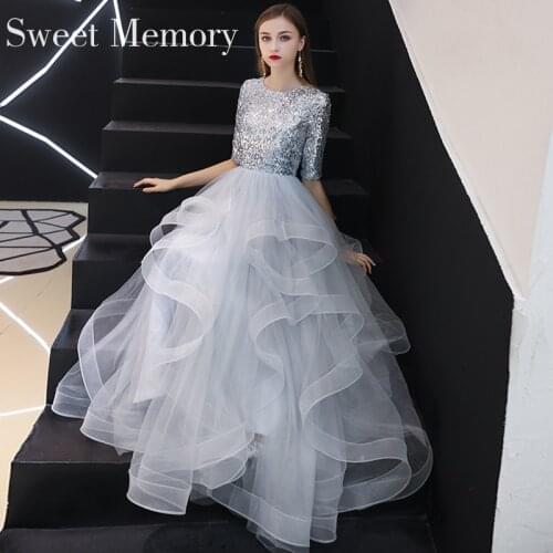J0140 Women Half Sleeve Long Tiered Gray Evening Dresses Sequins Lace Up Grey Prom Party FormalGown Robe De Soiree Sweet Memory