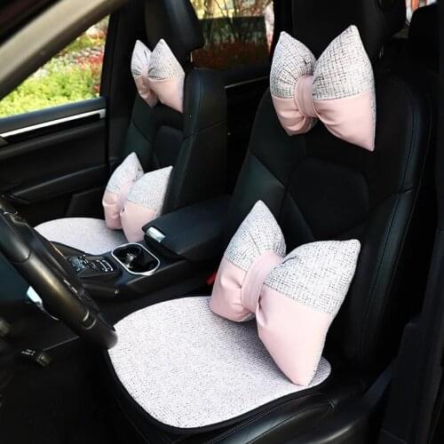 Cartoon Bowknot Car Headrest Stitching Leather Fashion Neck Pillow Head Cushion Summer Waist Support Protection Auto Interior