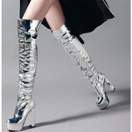 Hot Sliver Patent Leather Pleated Over The Knee Platform Boots Sexy Stage Performance Walk Show Night Club Thigh boots Woman