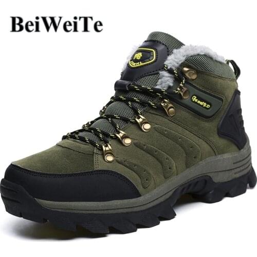 Mens Big Size Plus Fur Hiking Boots For Winter Warm High Top Outdoor Trail Sneakers For Men Hunting Climbing Mountain Shoes New
