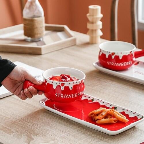 2pcs set, embossed porcelain morning cereal bowl and plate set, strawberry design, ceramic snack bowl with tray, verrine dessert
