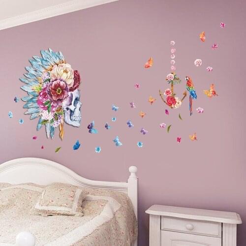 Indian Style 3D Skull Flower Birds butterfly wall stickers living bedroom Sofa decoration adesivo de paredes decals mual poster