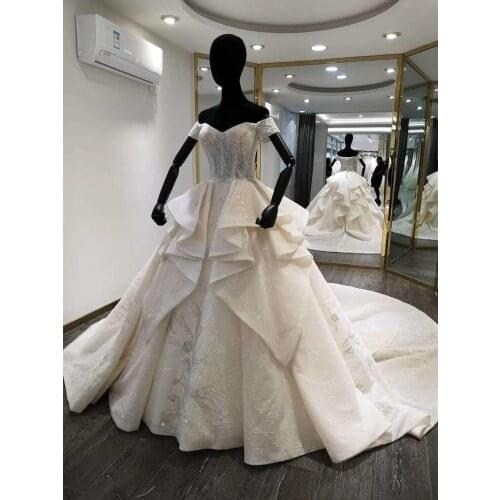 Real Picture VIntage Sparkly off Shoulder Lace Wedding Dresses A-Line Tulle Ruched Bridal Gowns for Women