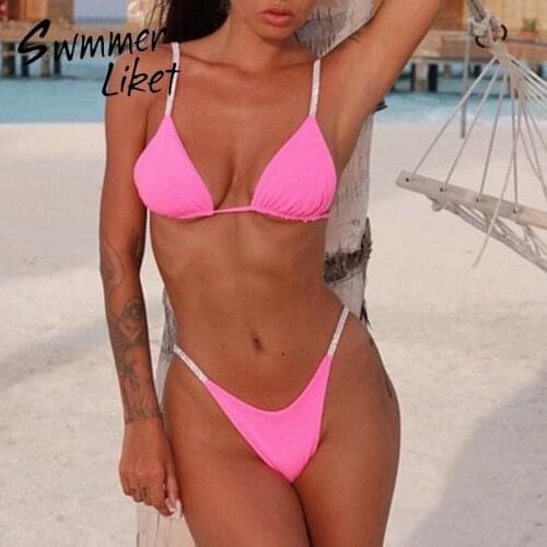 Sexy Rhinestone bikini set 2020 Pink swimsuit female Bathers bathing suit High cut swimwear women Micro bikini Summer bathers