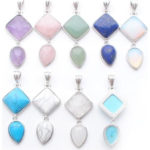 Wholesale 10Pcs/Lot Natural Gem Stone Suspension Pendants For Women Jewelry Square Water Drop Beads Amethysts Lapis Opal QBN386