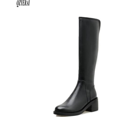QZYERAI The knee boots Autumn winter Genuine leather black Female boots Womens boots Head layer cowhide Women shoes Size 34-40