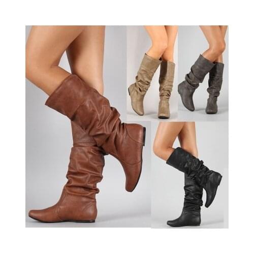 Knee High Cowboy Causal Boots Women Pleated Leather Female Round Toe Shoes Concise Flat Autumn Winter 2021 Plus Size 48 Botas
