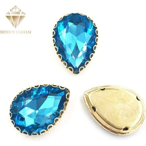 10X14/13x18mm lake blue water drop gold bottom lacy shape claws glass crystal sew on rhinestones Diy clothing accessories