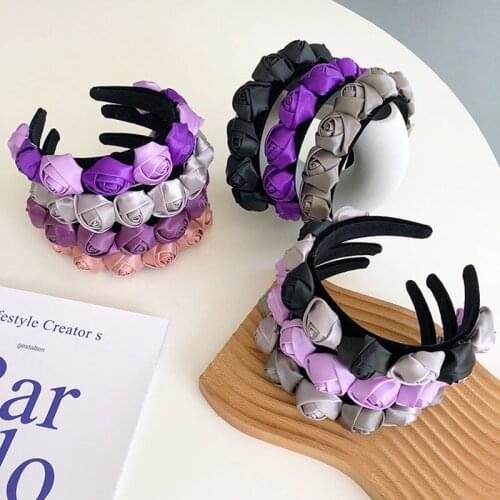 Fabric rose flower headband fashion hair accessories women three-dimensional flower color matching wide-brimmed hair bands new