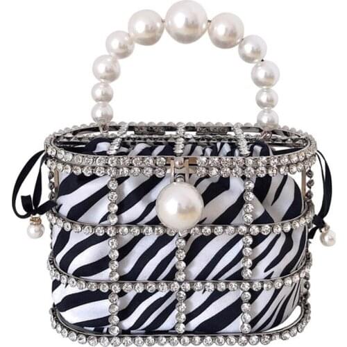 Diamonds Evening Bucket Bags Women 2021 New Pearls Handle Metallic Cage Bag Zebra Print Clutch Purses Fashion Female Handbags