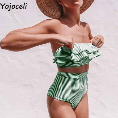 Yojoceli Sexy ruffle off shoulder striped swimsuit girls Elegant summer beach bikini Casual cool tankini women