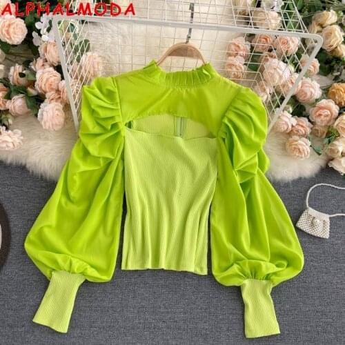 ALPHALMODA New Trendy Women Puff Sleeve Tshirt Hollow Out Sexy Design Candy Color Ladies Stylish Spring Outfit