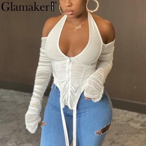 Glamaker Women irregular hem winter autumn zip pleated top 2020 new backless lace patchwork clubwear hot tees Solid T-shirts