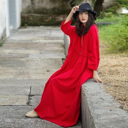 LZJN Womens Autumn Casual Loose Long Maxi Dress Long Sleeve Robes Oversized Solid Cotton Linen Dress