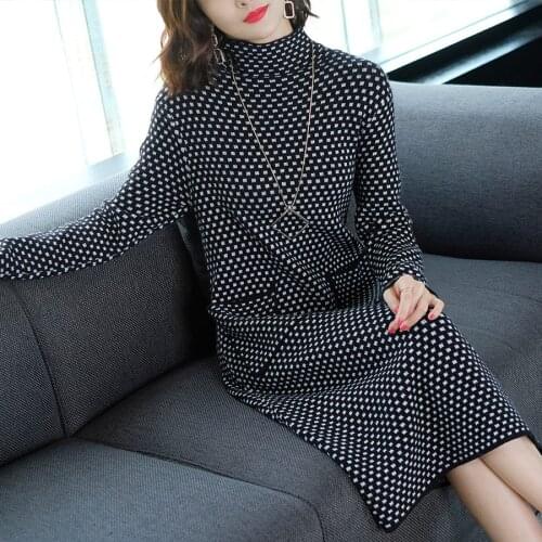 2021 Vintage Black Dot Hairy Midi Dresses Autumn Winter New Plus Size Long Sleeve Maxi Dress Elegant Women Bodycon Party Vestido