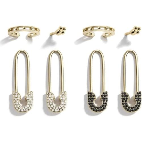 13MC 4Pcs Punk Rock Shiny Crystals Safety Pin Shape Stud Earrings Set Ear Threader Hoop Studs Fashion Jewelry Unisex