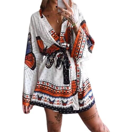 2021 Factory PriceSummer New Style European And American Womens Fashion Printed V-neck Lace Long-Sleeved Dress