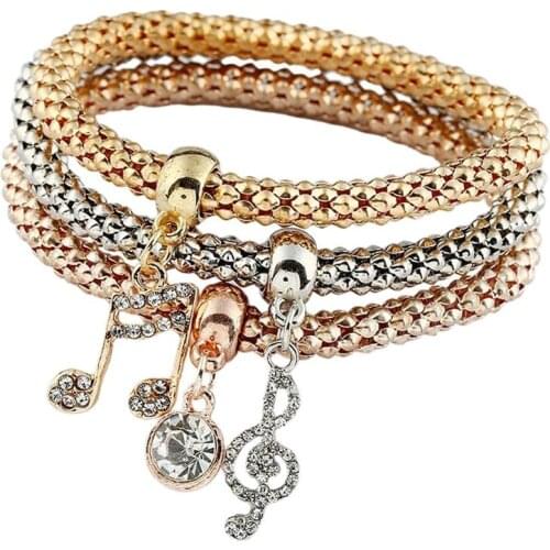 3 Pcs/Set Fashion Rhinestone Musical Note Lock Key Charms Bangle & Bracelet For Women Gift Jewelry
