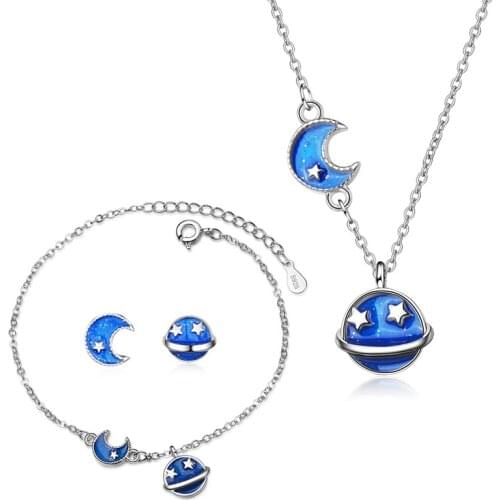 3 in 1 Lovely Tiny Blue Planet Moon Pendants Necklaces Bracelets Stud Earrings Fashion Jewelry Sets Party Gifts for Women