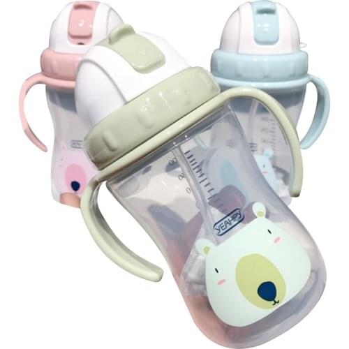 300ML Cute Baby Feeding Cup with Straw PP Free Portable Feeding Bottle Leak Proof with Handle Kids Training Baby Sippy Copos