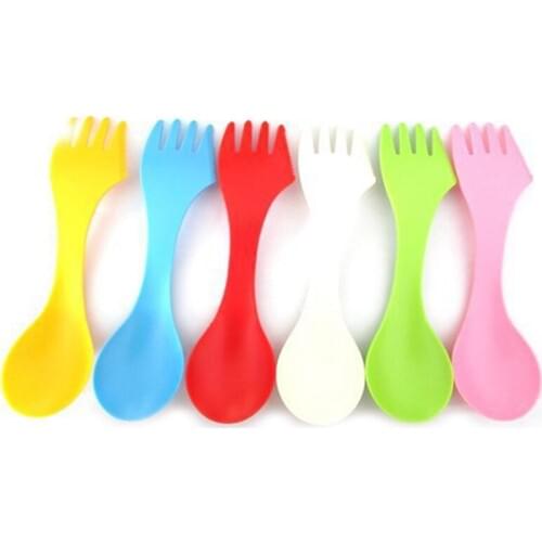 600pcs/lot Fast Shipping Plastic Spoon Fork Knife Camping Hiking Utensils Spork Combo Travel Gadget Cutlery 6 colors