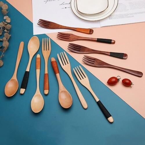 Natural Wood Spoon Fork Set winding Honey Coffee Ice Cream Wooden Spoon Kitchen Cutlery
