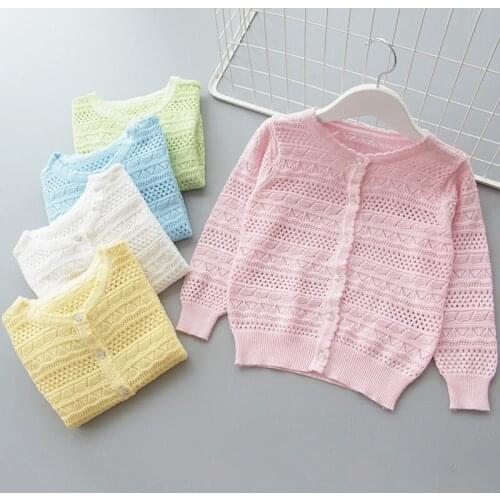 Spring Summer Children Knitted Cardigan Sweater Solid Candy Color Girls Knitted Clothes Hollow Out Kids Sweater Outerwear Jacket