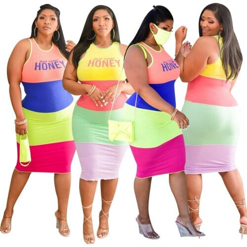 Plus Size Women Dress 4XL Elegant Letter Printed Bodycon Skinny Patchwork Casual Female Summer Dresses Clothes Vestidos