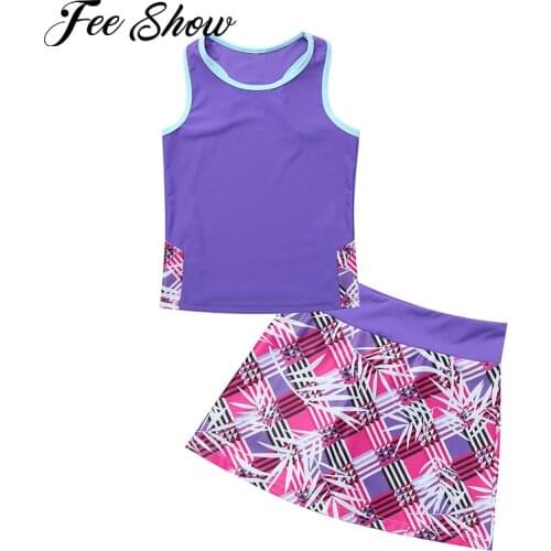 Kids Tennis Skirt Set for Girls Childrens Clothing Sport Suit Racer Back Top Built-in Shorts Set Running Gym Fitness Sportswear